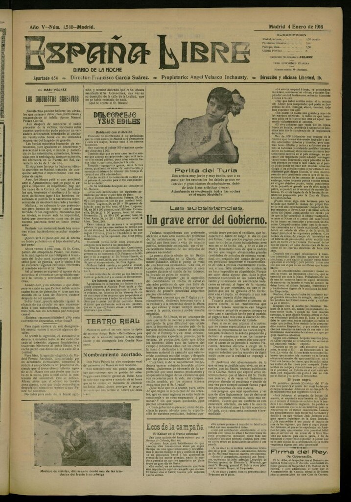 Miniatura de España Libre : Diario de la noche del 4 de enero de 1916, nº 1510