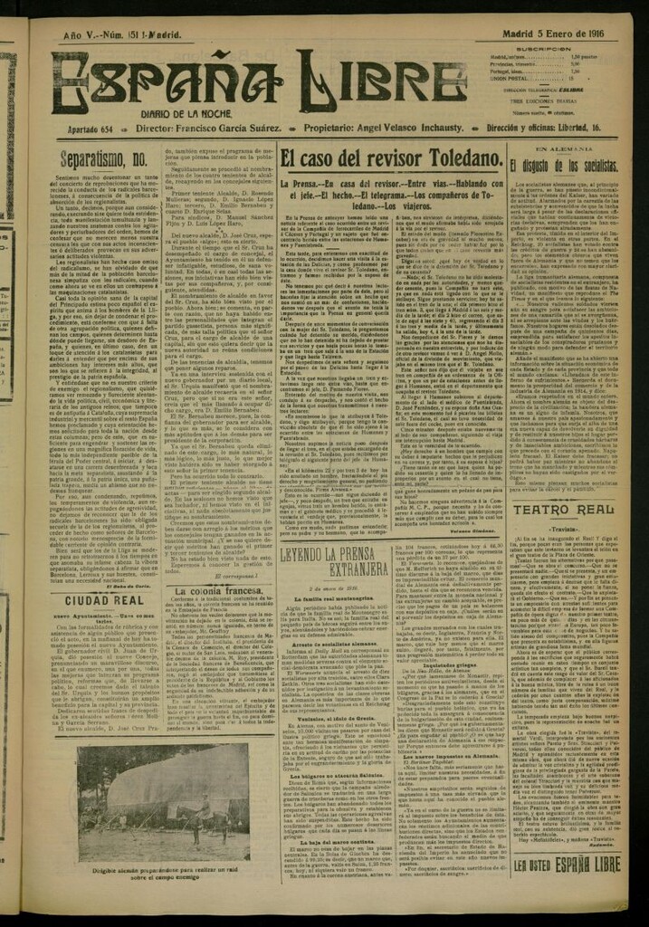 Miniatura de España Libre : Diario de la noche del 5 de enero de 1916, nº 1511