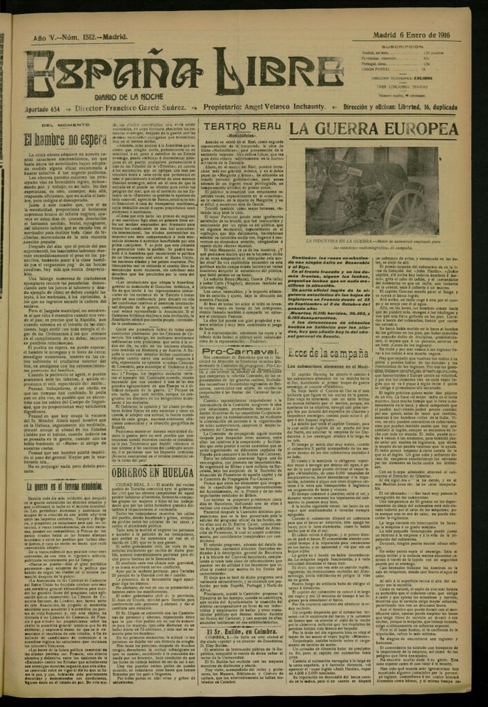 Miniatura de España Libre : Diario de la noche del 6 de enero de 1916, nº 1512