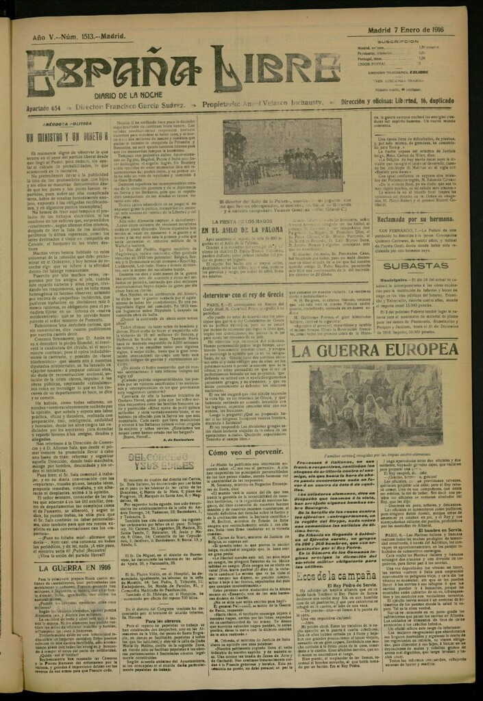 Miniatura de España Libre : Diario de la noche del 7 de enero de 1916, nº 1513
