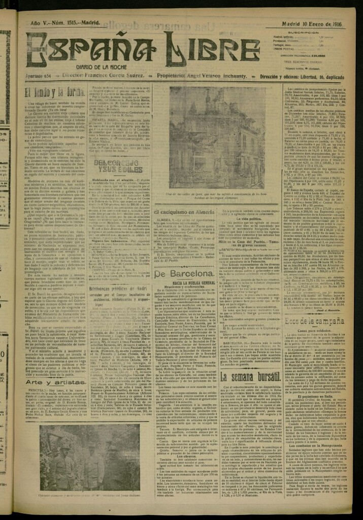 Miniatura de España Libre : Diario de la noche del 10 de enero de 1916, nº 1515
