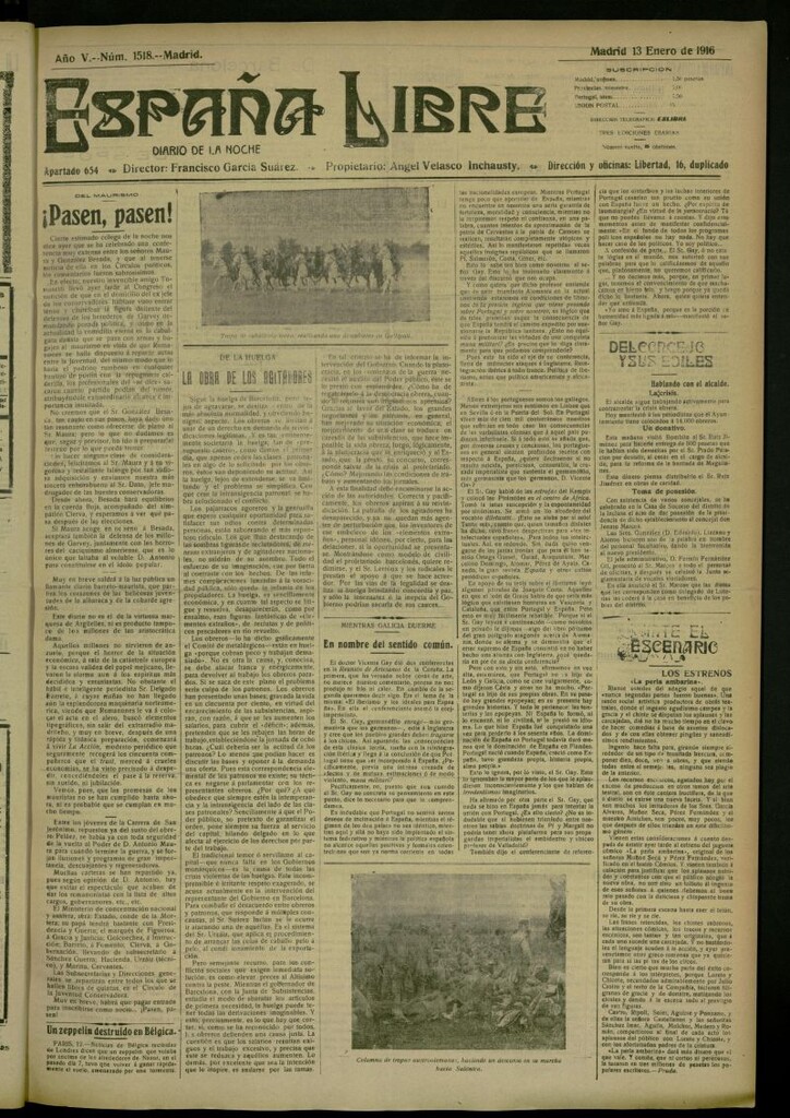 Miniatura de España Libre : Diario de la noche del 13 de enero de 1916, nº 1518