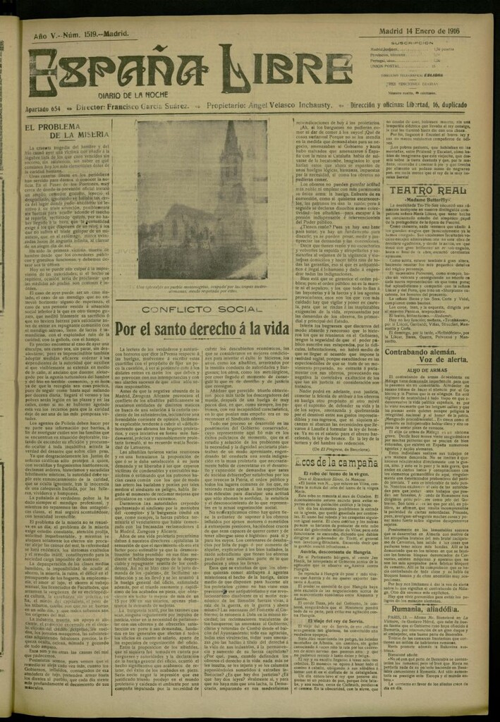 Miniatura de España Libre : Diario de la noche del 14 de enero de 1916, nº 1519