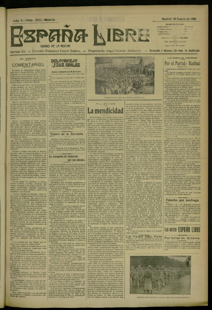 Miniatura de España Libre : Diario de la noche del 19 de enero de 1916, nº 1523