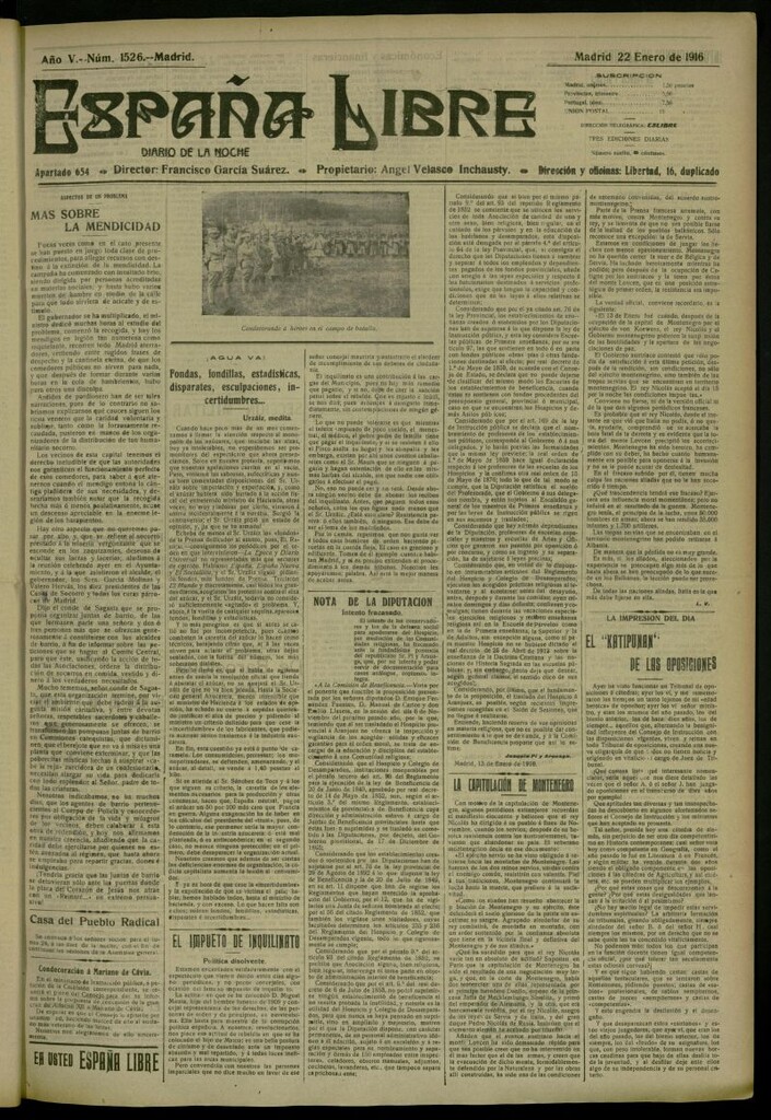 Miniatura de España Libre : Diario de la noche del 22 de enero de 1916, nº 1526