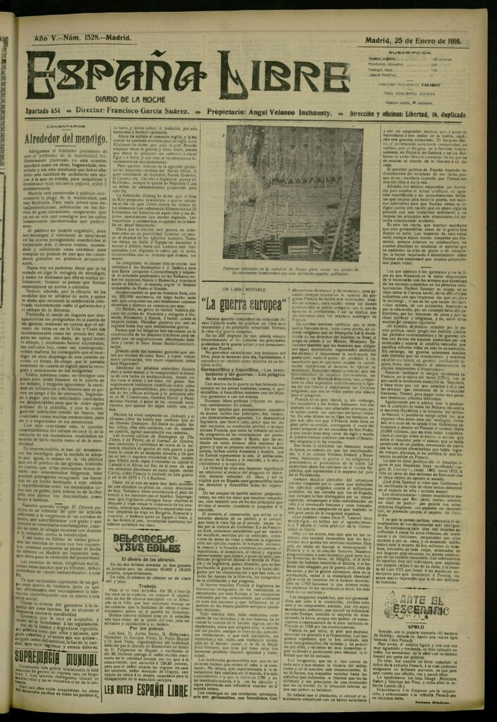Miniatura de España Libre : Diario de la noche del 25 de enero de 1916, nº 1528