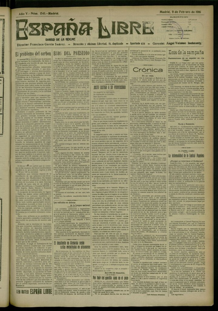 Miniatura de España Libre : Diario de la noche del 9 de febrero de 1916, nº 1541
