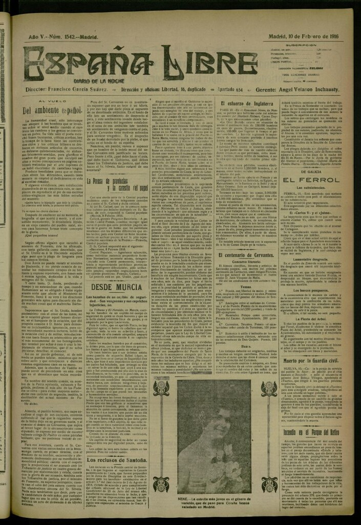 Miniatura de España Libre : Diario de la noche del 10 de febrero de 1916, nº 1542