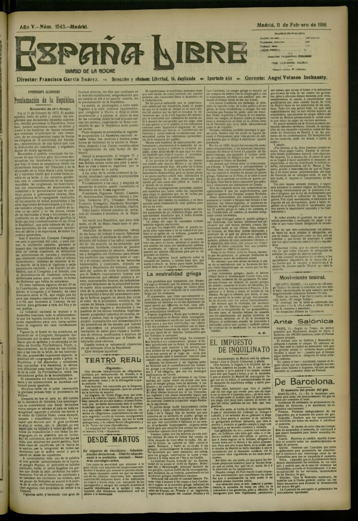 Miniatura de España Libre : Diario de la noche del 11 de febrero de 1916, nº 1543