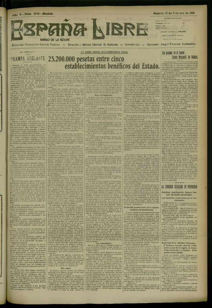 Miniatura de España Libre : Diario de la noche del 15 de febrero de 1916, nº 1546