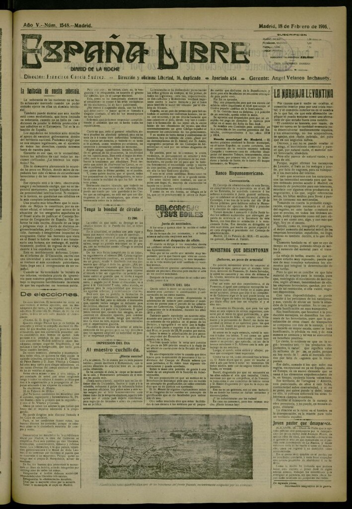 Miniatura de España Libre : Diario de la noche del 18 de febrero de 1916, nº 1548 [sic]