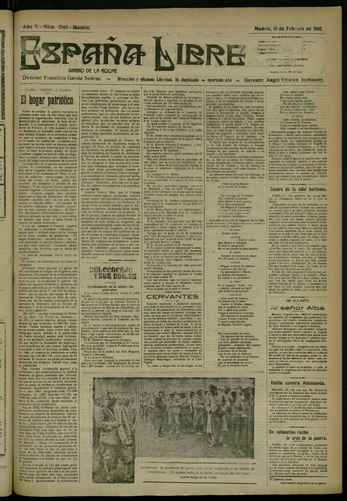 Miniatura de España Libre : Diario de la noche del 19 de febrero de 1916, nº 1549