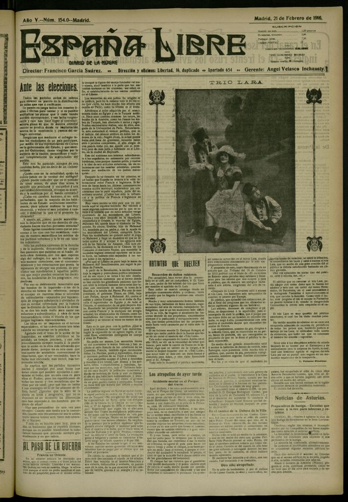 Miniatura de España Libre : Diario de la noche del 21 de febrero de 1916, n º 154.0 [sic]