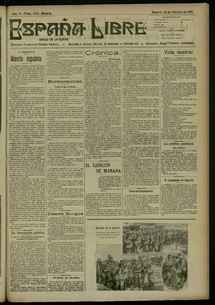 Miniatura de España Libre : Diario de la noche del 22 de febrero de 1916, nº 1541 [sic]