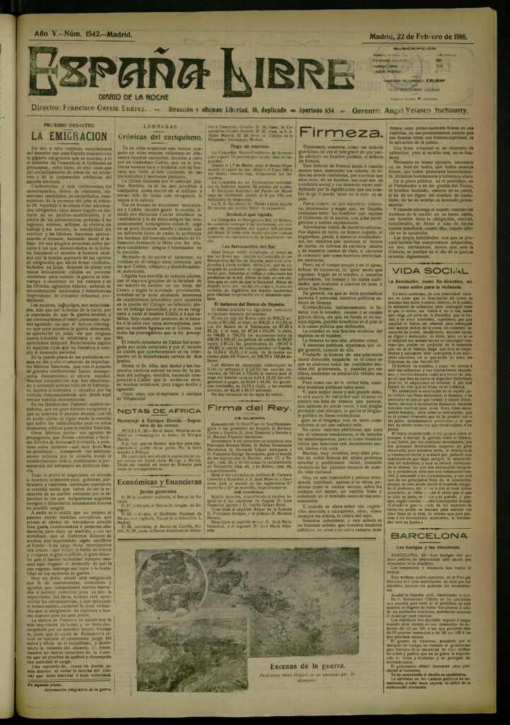 Miniatura de España Libre : Diario de la noche del 22 de febrero de 1916, nº 1542 [sic]