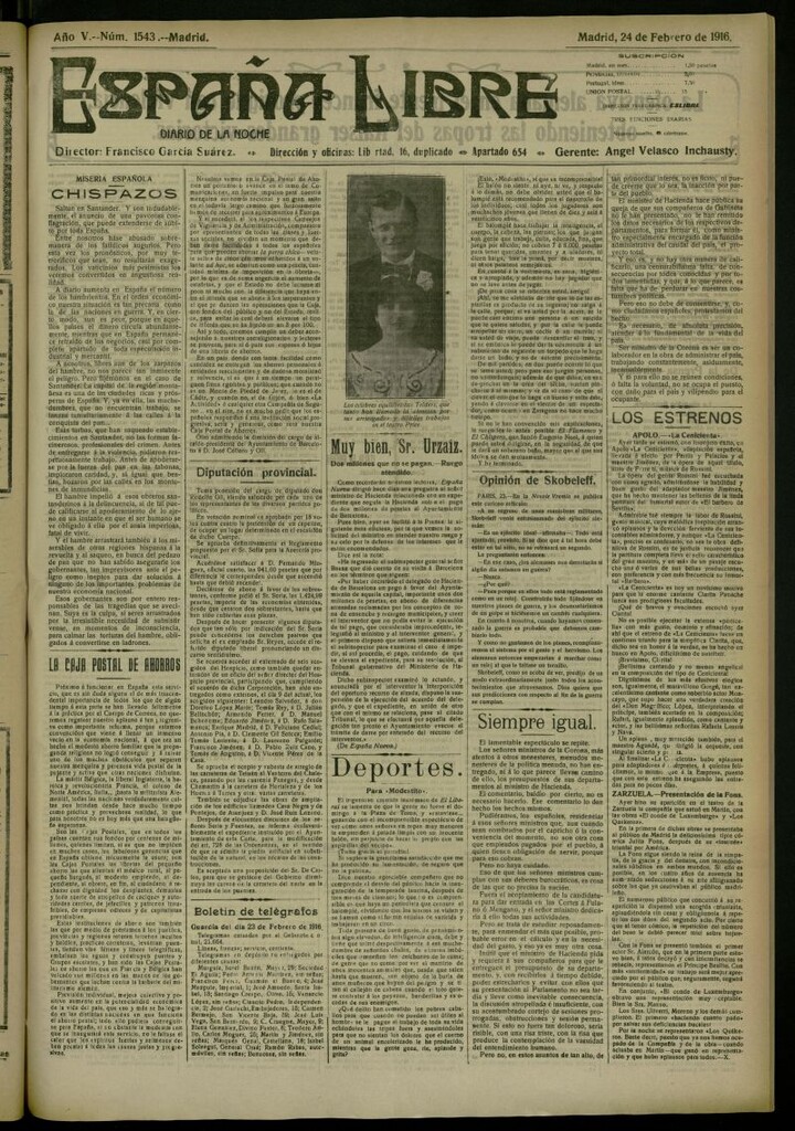 Miniatura de España Libre : Diario de la noche del 24 de febrero de 1916, nº 1543 [sic]