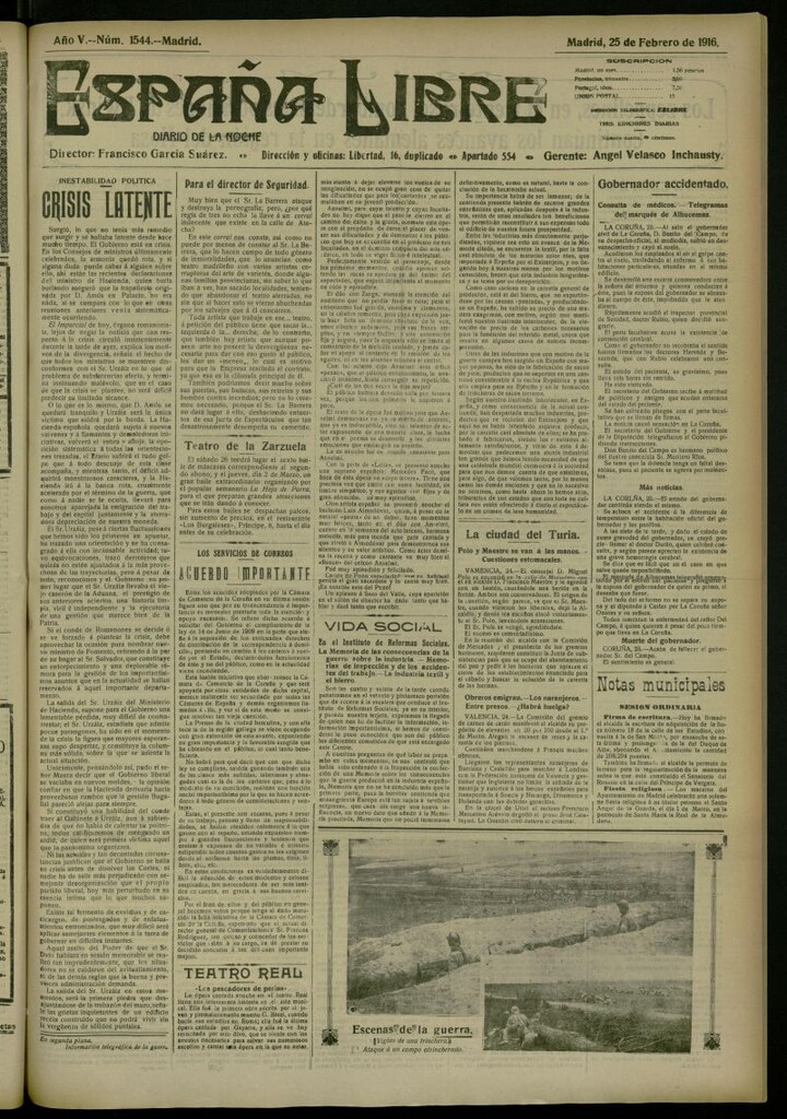 Miniatura de España Libre : Diario de la noche del 25 de febrero de 1916, nº 1544 [sic]
