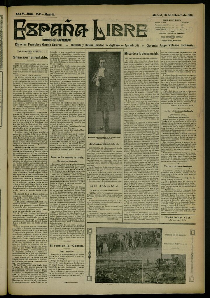 Miniatura de España Libre : Diario de la noche del 26 de febrero de 1916, nº 1545 [sic]