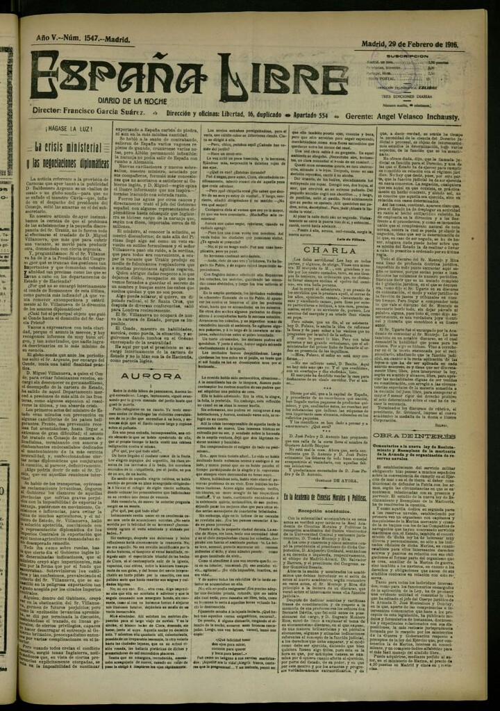 Miniatura de España Libre : Diario de la noche del 29 de febrero de 1916, nº 1547 [sic]