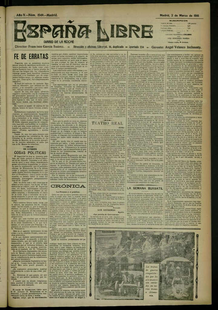 Miniatura de España Libre : Diario de la noche del 2 de marzo de 1916, nº 1549 [sic]