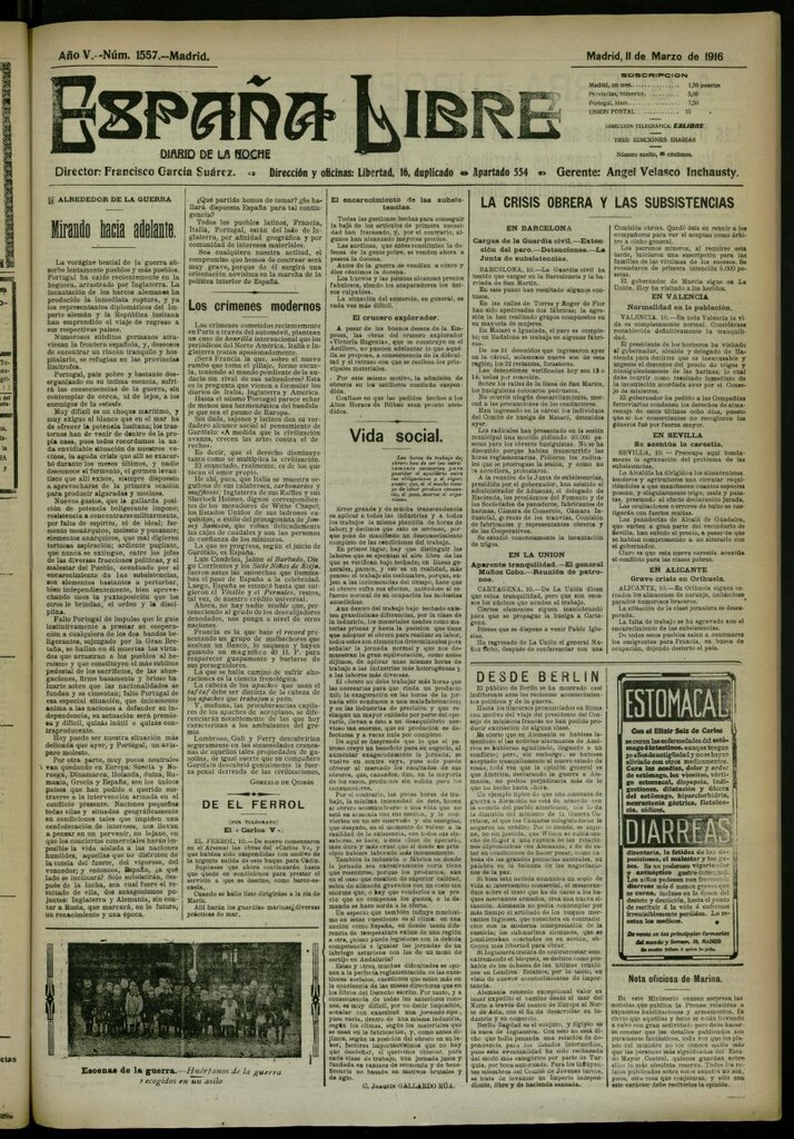 Miniatura de España Libre : Diario de la noche del 11 de marzo de 1916, nº 1557