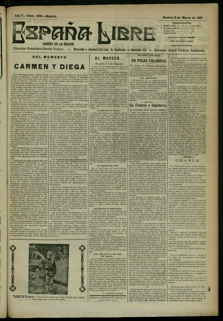 Miniatura de España Libre : Diario de la noche del 13 de marzo de 1916, nº 1558