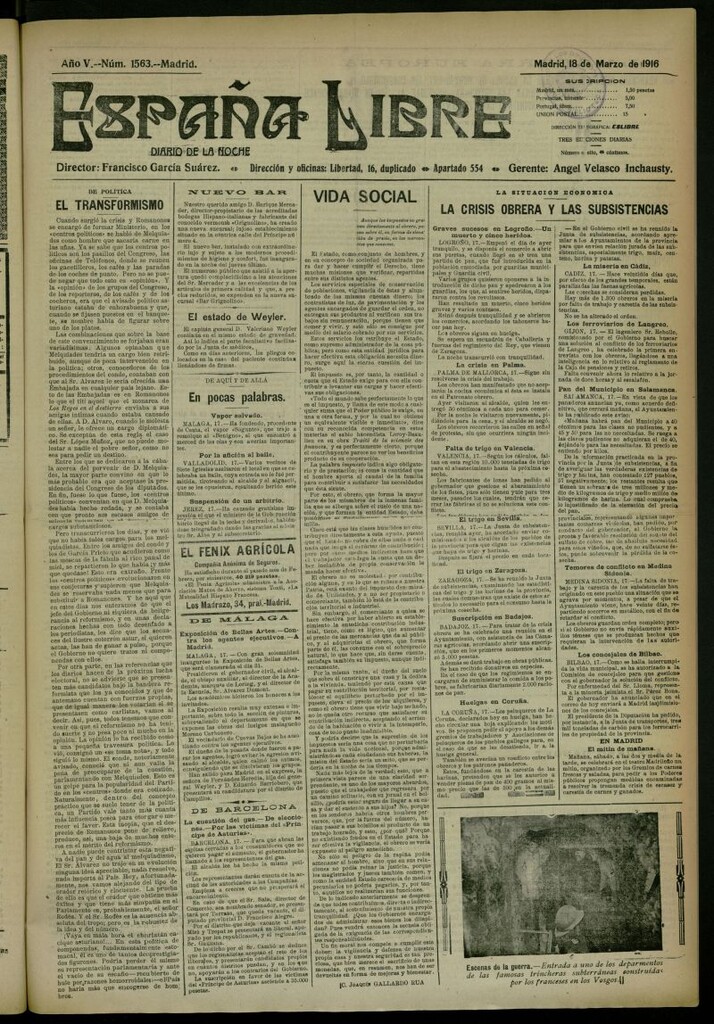 Miniatura de España Libre : Diario de la noche del 18 de marzo de 1916, nº 1563