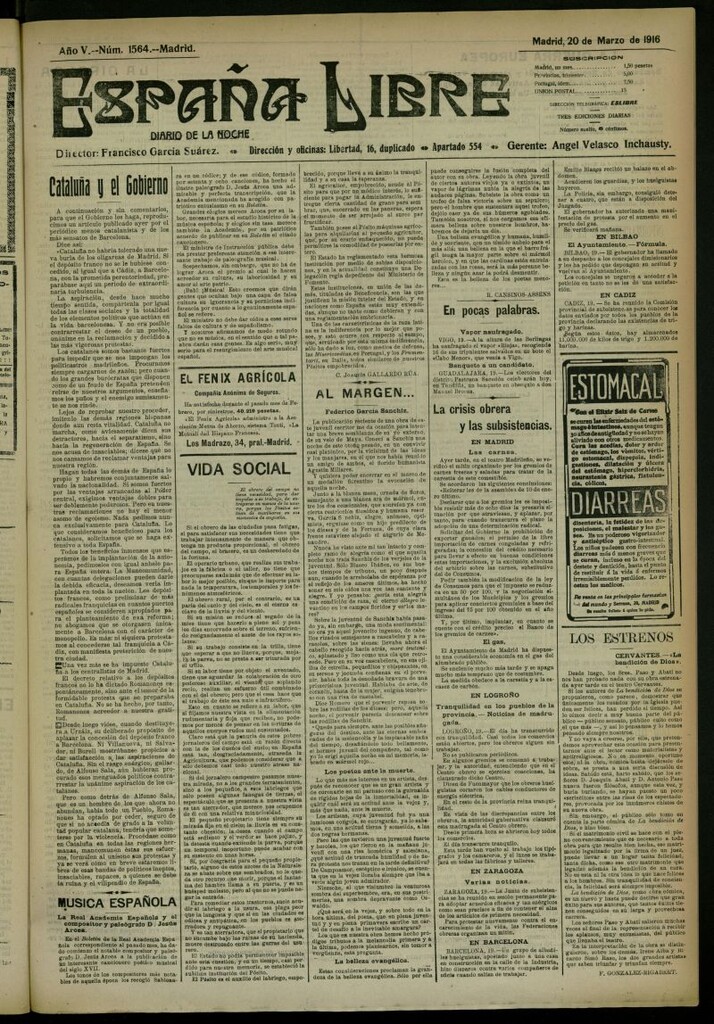 Miniatura de España Libre : Diario de la noche del 20 de marzo de 1916, nº 1564