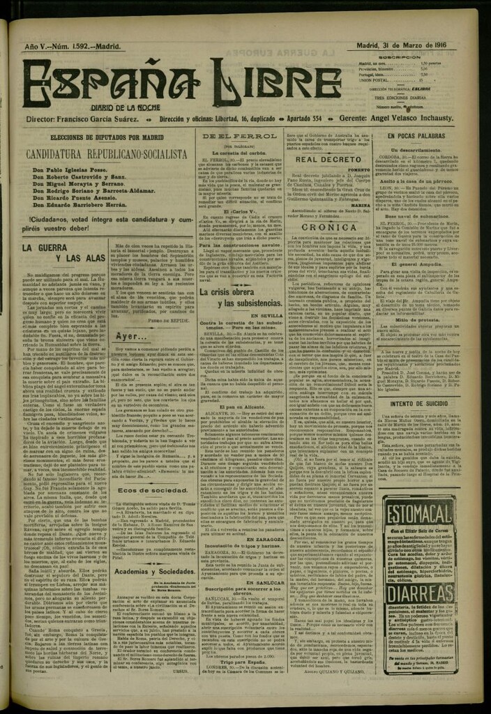 Miniatura de España Libre : Diario de la noche del 31 de marzo de 1916, nº 1592