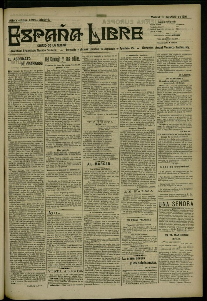 Miniatura de España Libre : Diario de la noche del 3 de abril de 1916, nº 1594