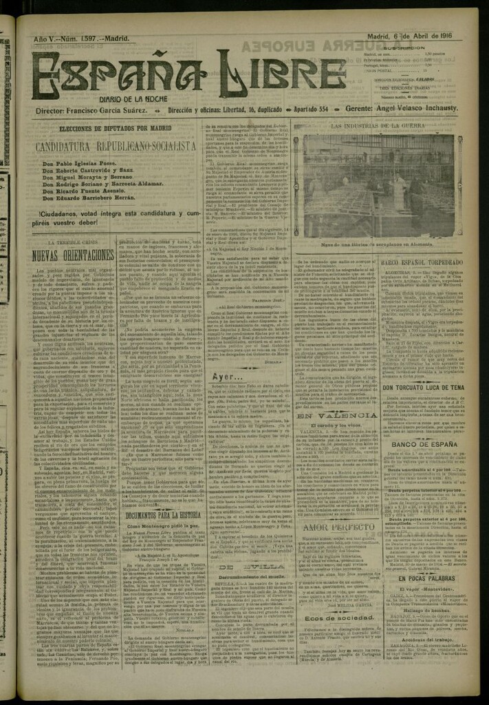 Miniatura de España Libre : Diario de la noche del 6 de abril de 1916, nº 1597