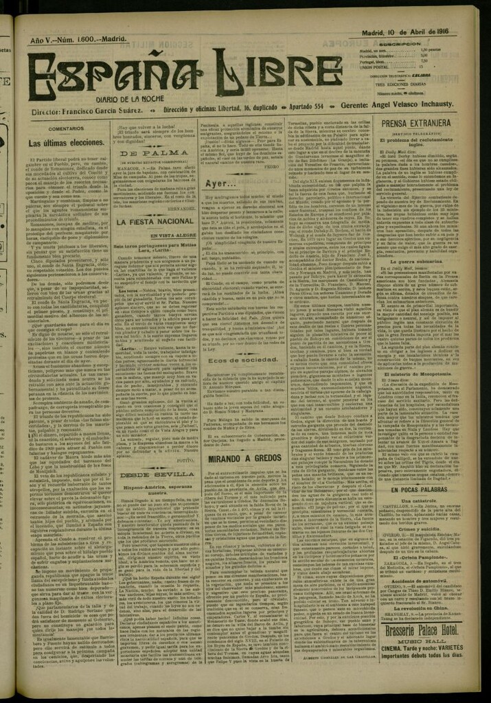 Miniatura de España Libre : Diario de la noche del 10 de abril de 1916, nº 1600