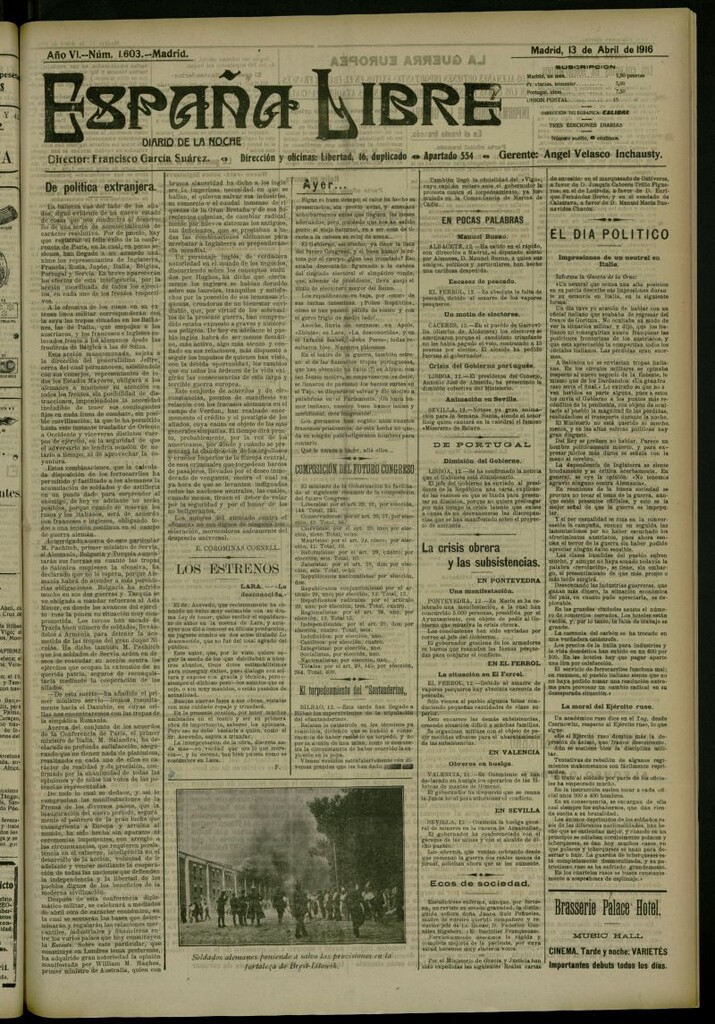 Miniatura de España Libre : Diario de la noche del 13 de abril de 1916, nº 1603