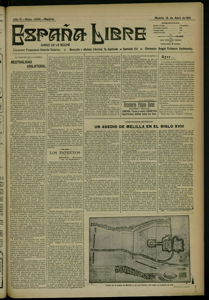 Miniatura de España Libre : Diario de la noche del 14 de abril de 1916, nº 1604