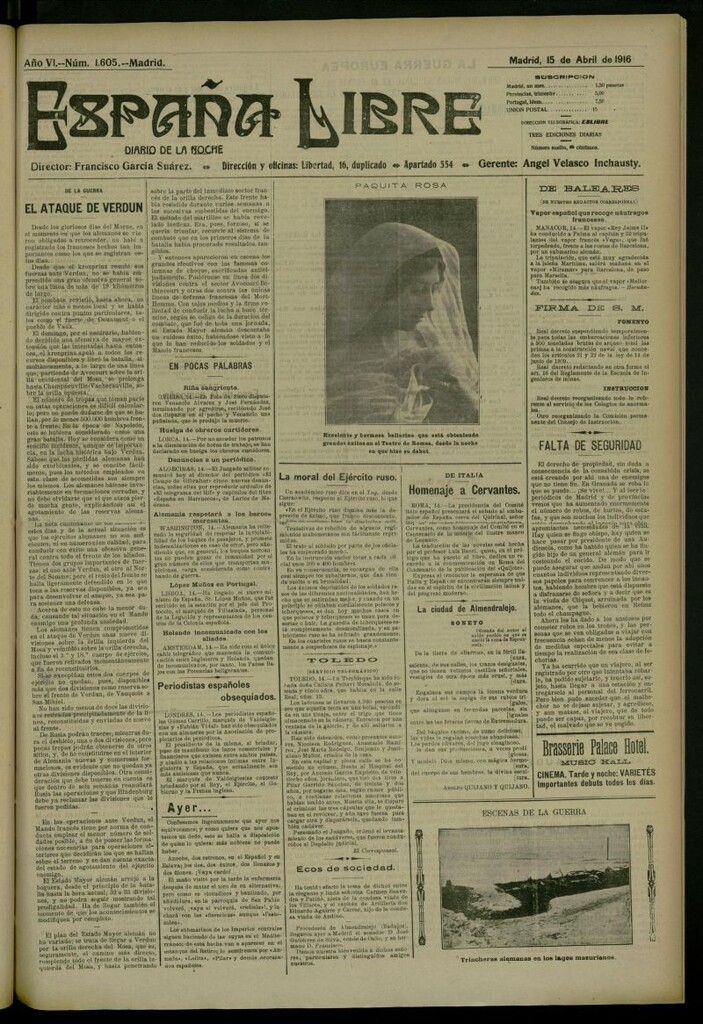 Miniatura de España Libre : Diario de la noche del 15 de abril de 1916, nº 1605
