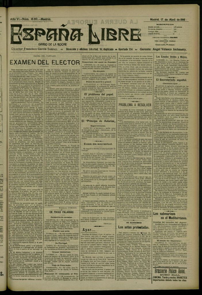 Miniatura de España Libre : Diario de la noche del 17 de abril de 1916, nº 16.60 [sic]