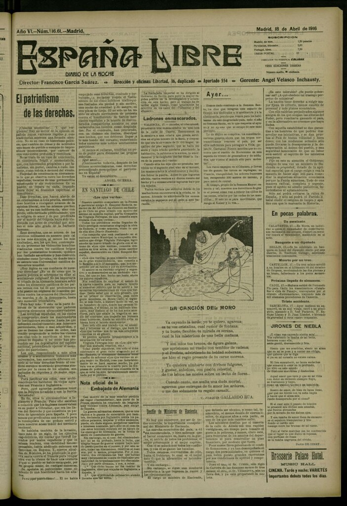 Miniatura de España Libre : Diario de la noche del 18 de abril de 1916, nº 16.61 [sic]