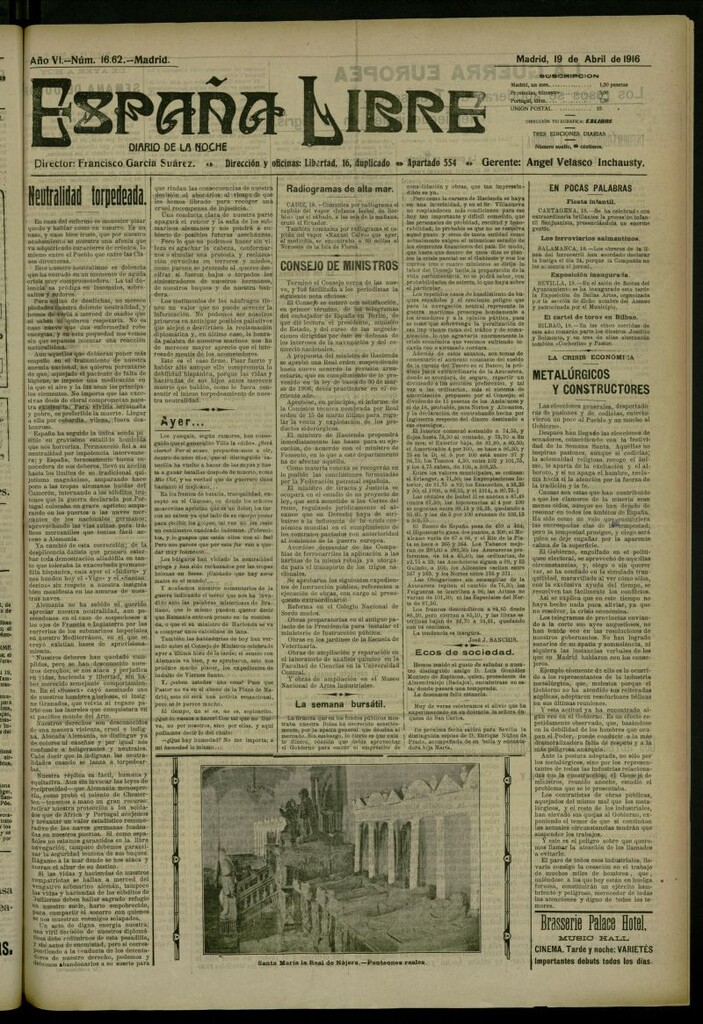 Miniatura de España Libre : Diario de la noche del 19 de abril de 1916, nº 16.62 [sic]