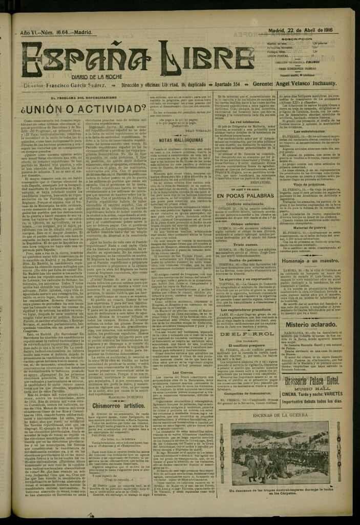 Miniatura de España Libre : Diario de la noche del 22 de abril de 1916, nº 16.64 [sic]
