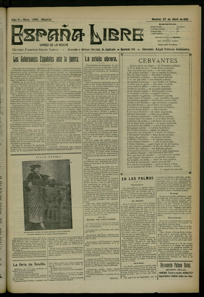 Miniatura de España Libre : Diario de la noche del 27 de abril de 1916, nº 1668 [sic]