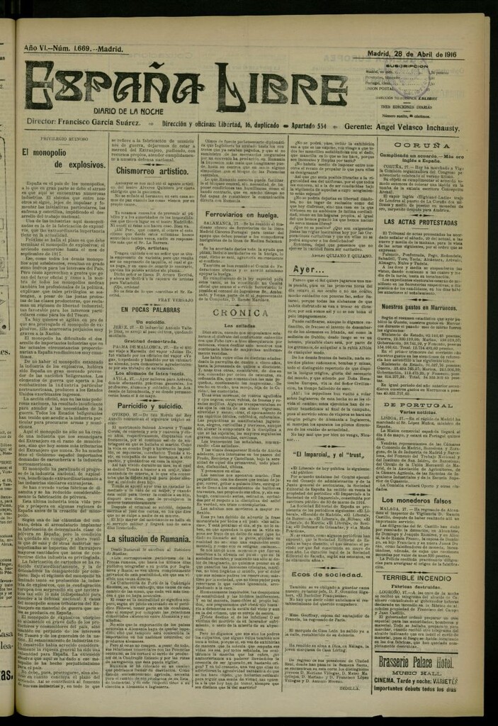 Miniatura de España Libre : Diario de la noche del 28 de abril de 1916, nº 1669 [sic]
