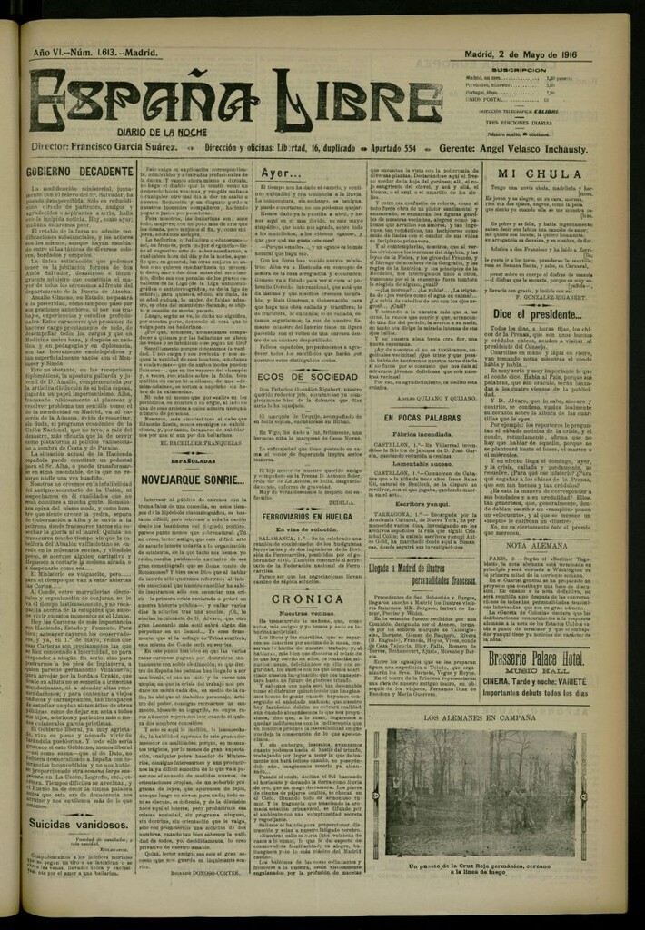 Miniatura de España Libre : Diario de la noche del 2 de mayo de 1916, nº 1613