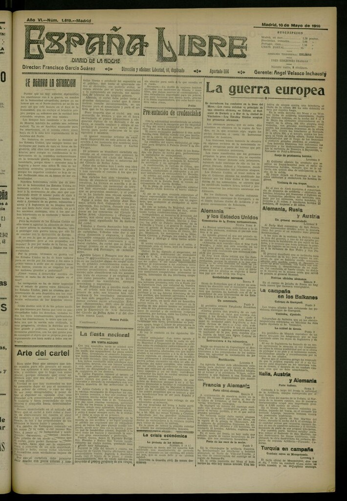 Miniatura de España Libre : Diario de la noche del 10 de mayo de 1916, nº 1619