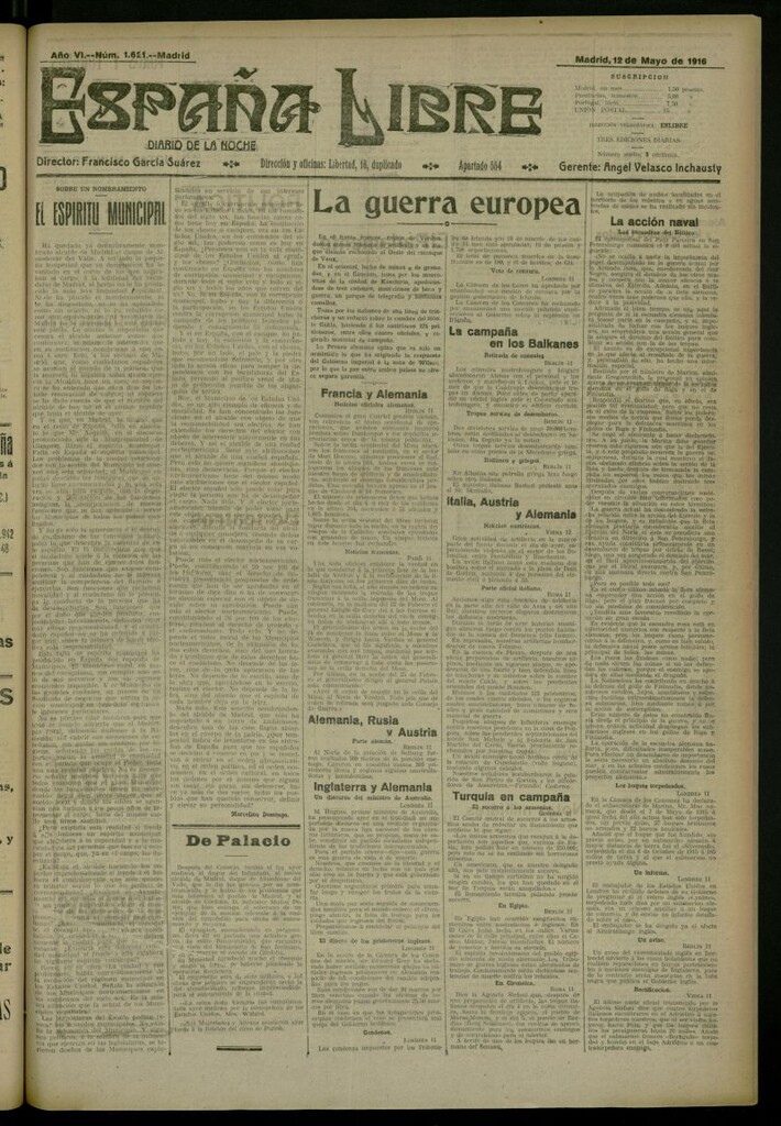 Miniatura de España Libre : Diario de la noche del 12 de mayo de 1916, nº 1621