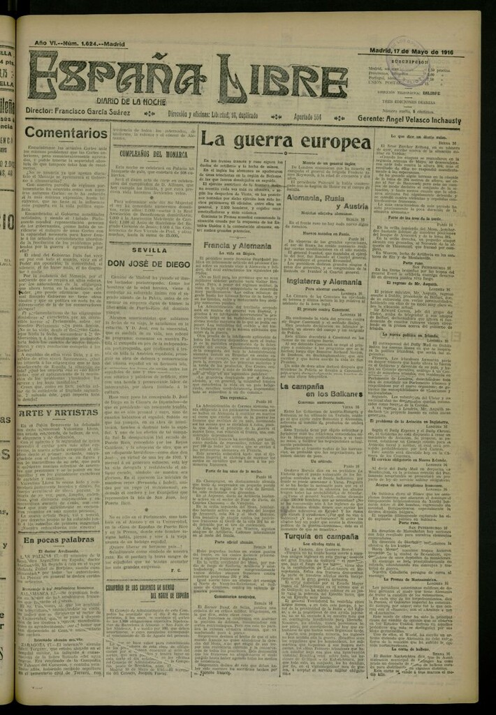 Miniatura de España Libre : Diario de la noche del 17 de mayo de 1916, nº 1624