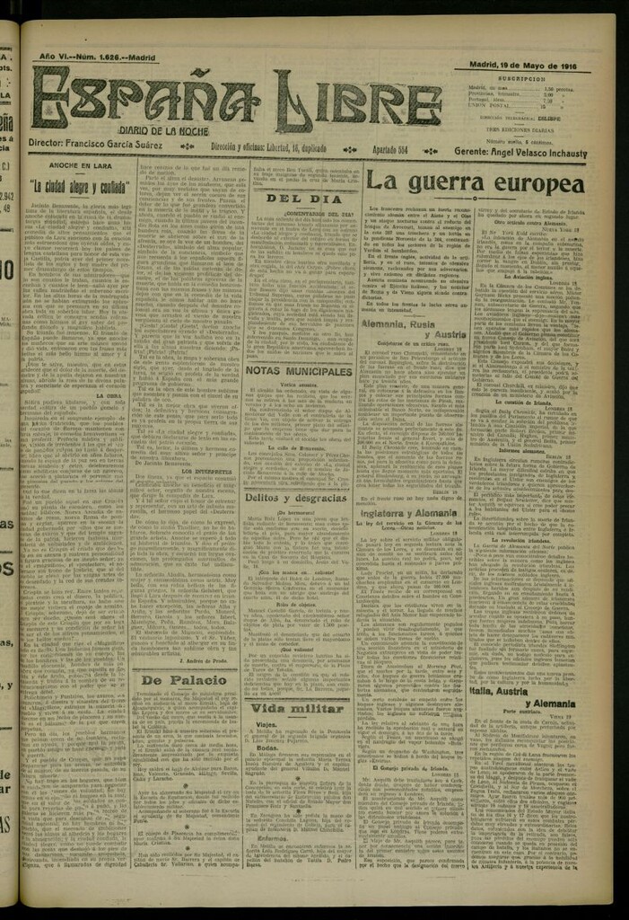Miniatura de España Libre : Diario de la noche del 19 de mayo de 1916, nº 1626