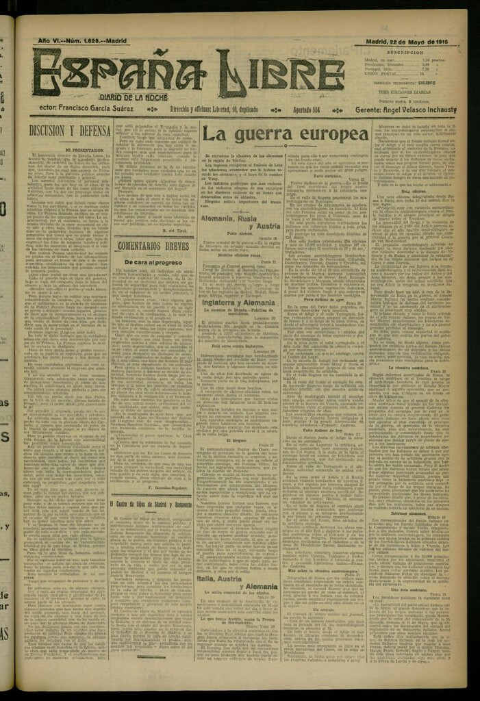 Miniatura de España Libre : Diario de la noche del 22 de mayo de 1916, nº 1628