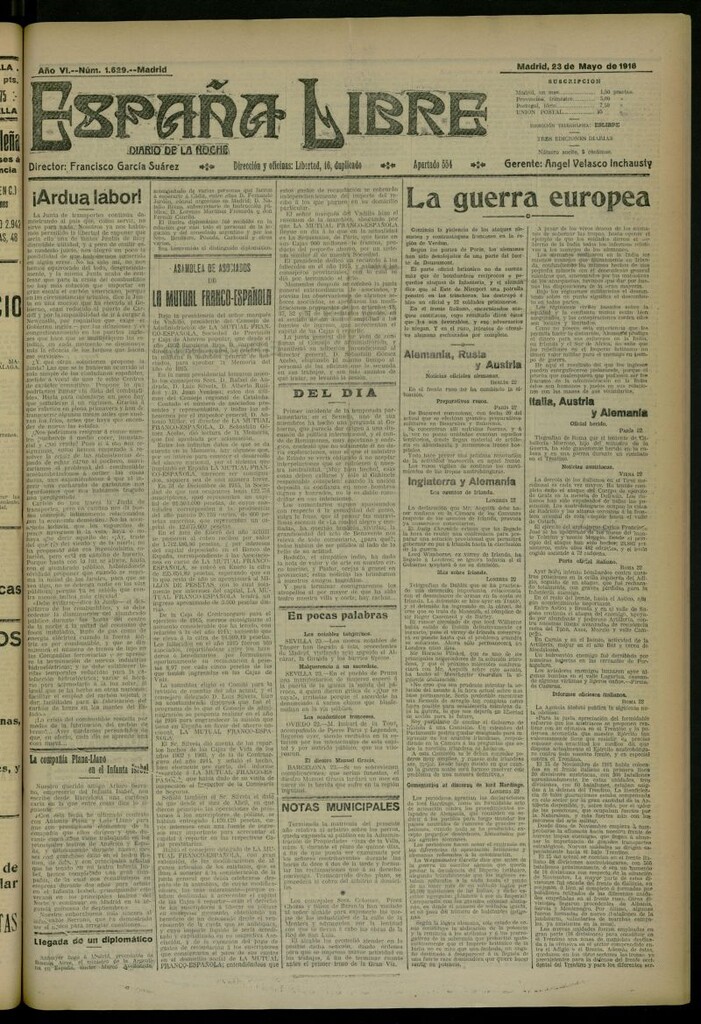Miniatura de España Libre : Diario de la noche del 23 de mayo de 1916, nº 1629