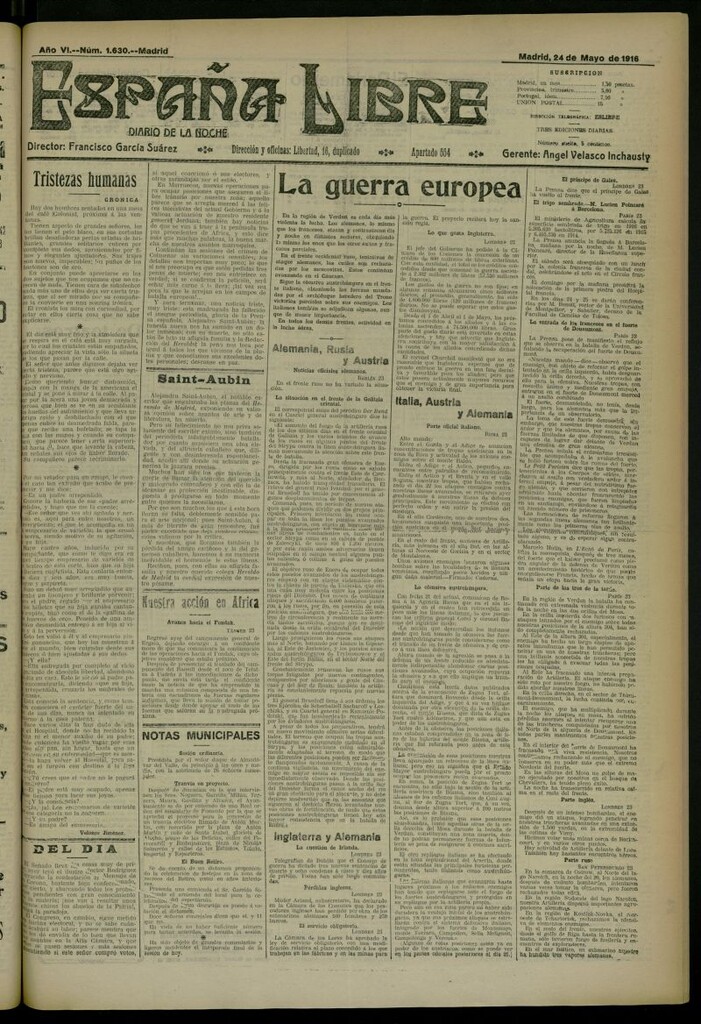 Miniatura de España Libre : Diario de la noche del 24 de mayo de 1916, nº 1630