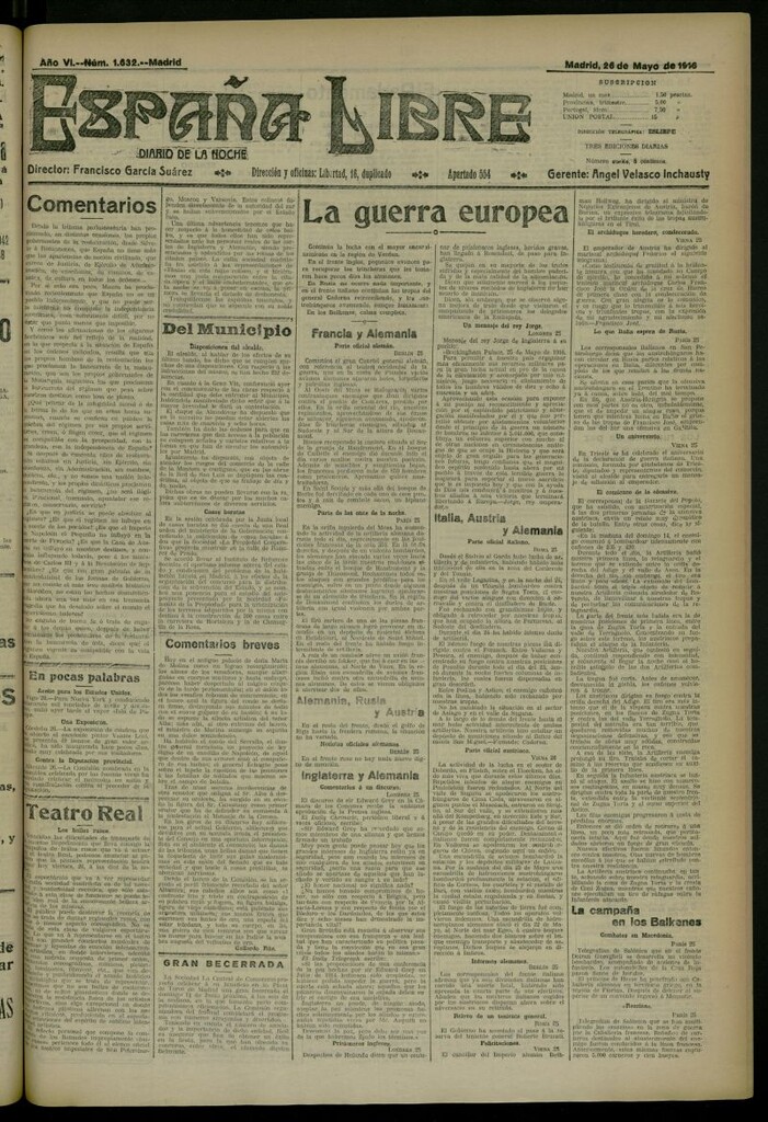 Miniatura de España Libre : Diario de la noche del 26 de mayo de 1916, nº 1632